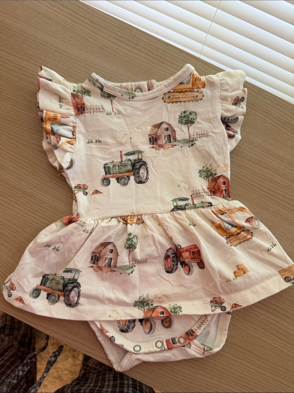 Girls Cream Tractor-Print Ruffle Dress Bodysuit